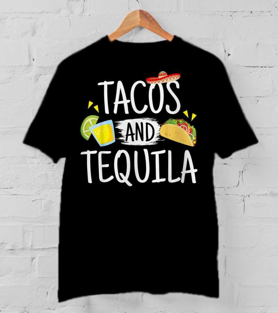 Tacos And Tequila Mexican Sombrero With Lime Slice And Taco Icons T-Shirt