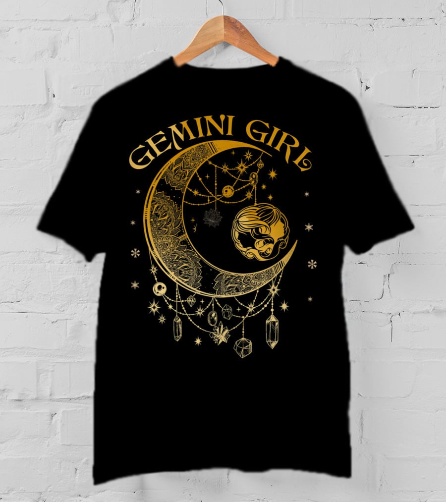 Gemini Girl Zodiac Henna Moon With Crystals And Stars T-Shirt