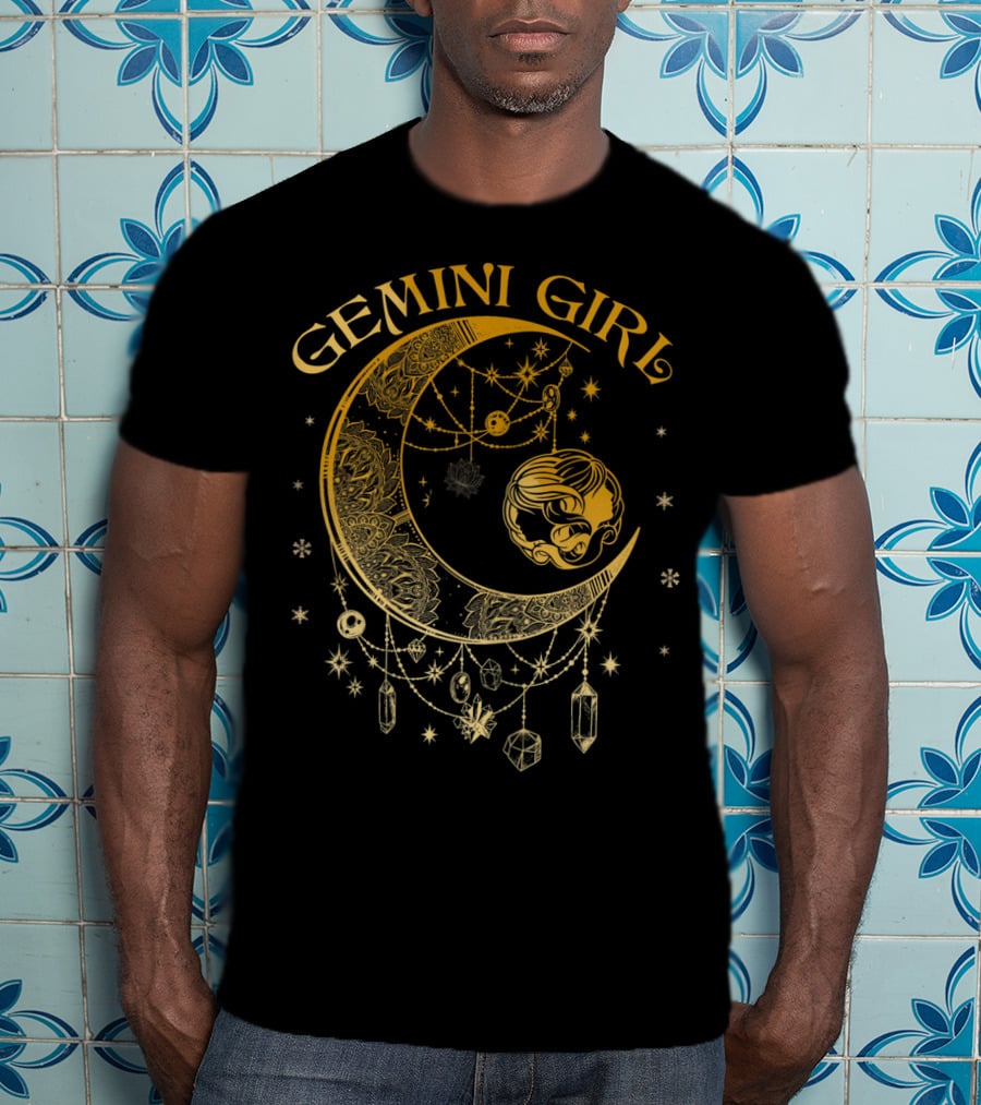 Gemini Girl Zodiac Henna Moon With Crystals And Stars T-Shirt