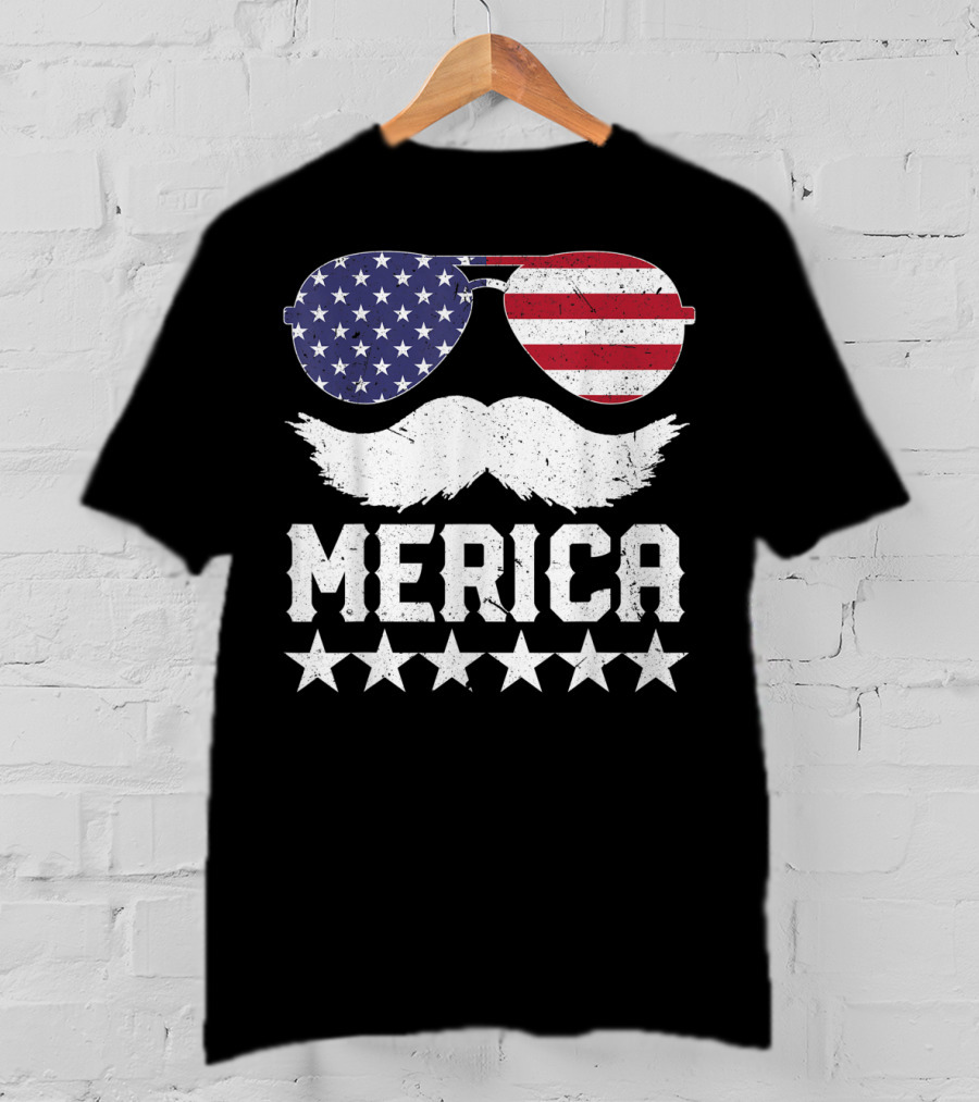 MERICA USA Flag Mustache Sunglasses Stars Independence Day T-Shirt