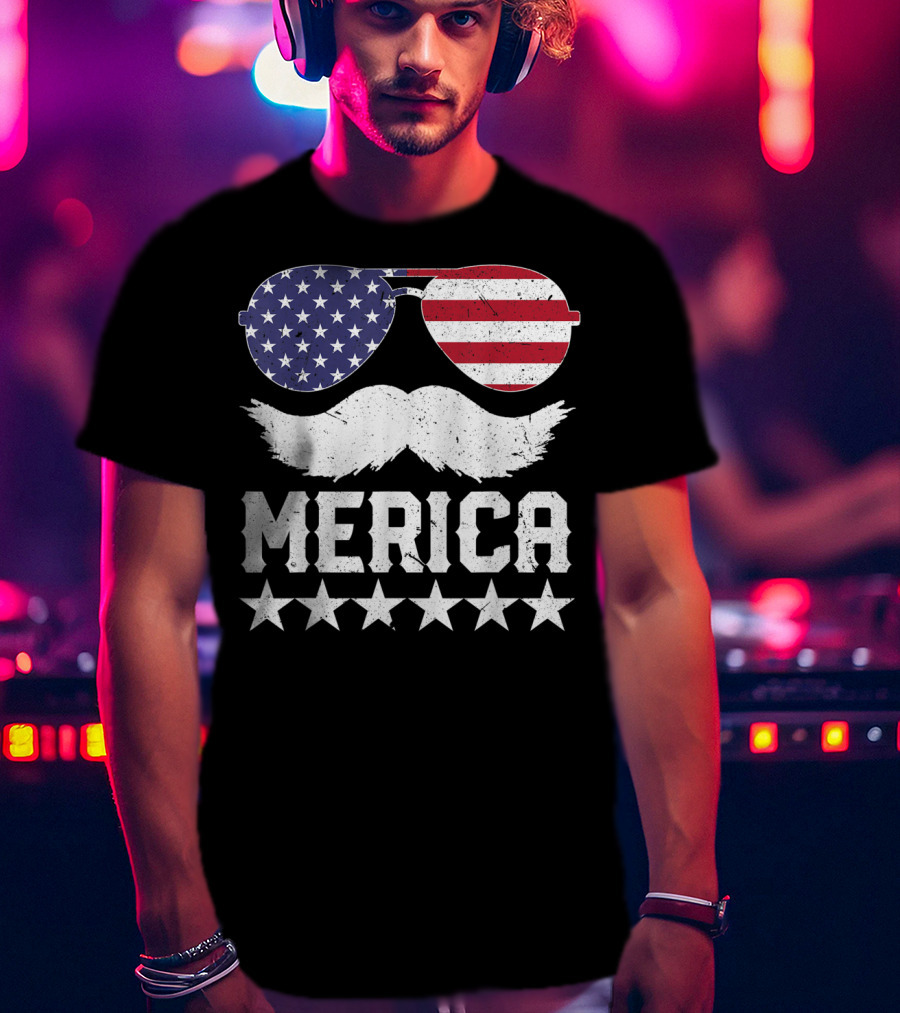 MERICA USA Flag Mustache Sunglasses Stars Independence Day T-Shirt