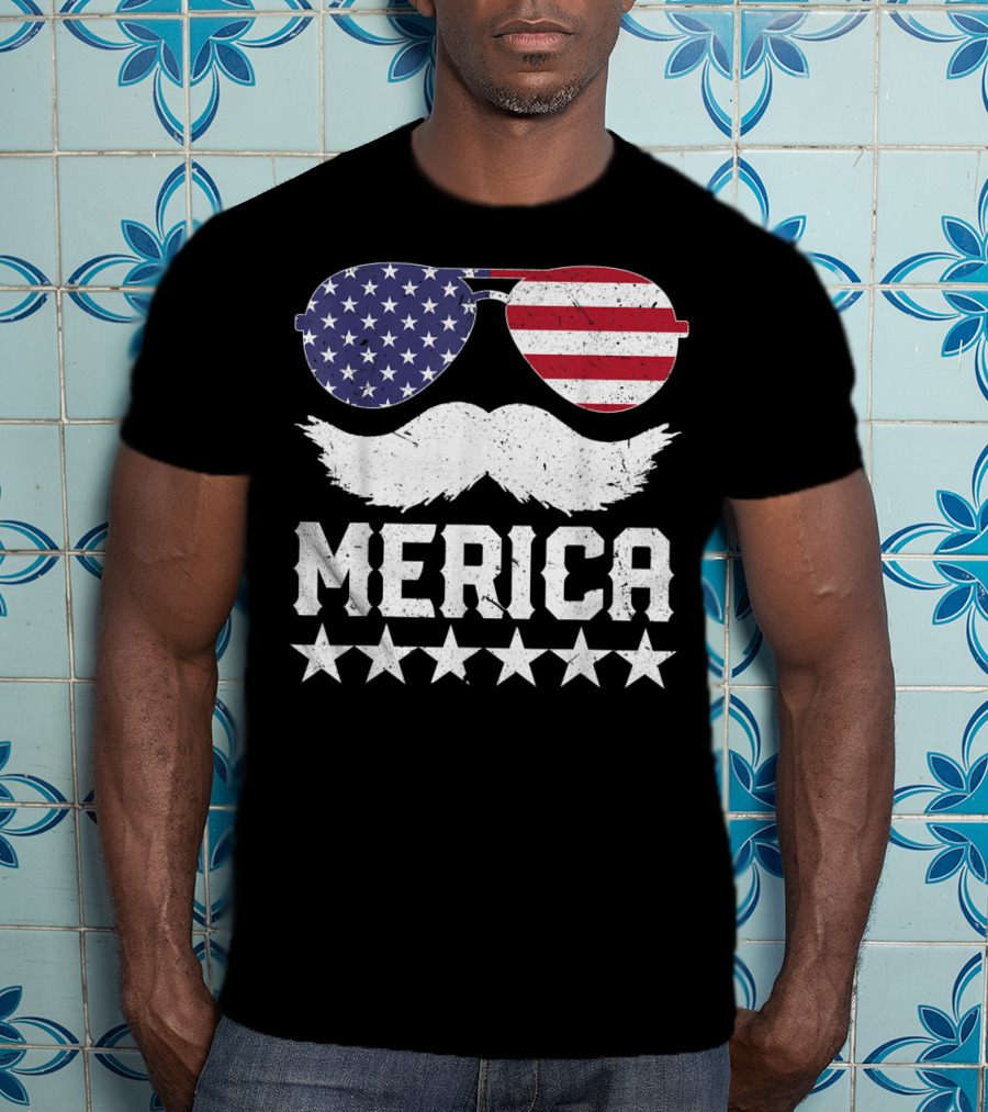 MERICA USA Flag Mustache Sunglasses Stars Independence Day T-Shirt