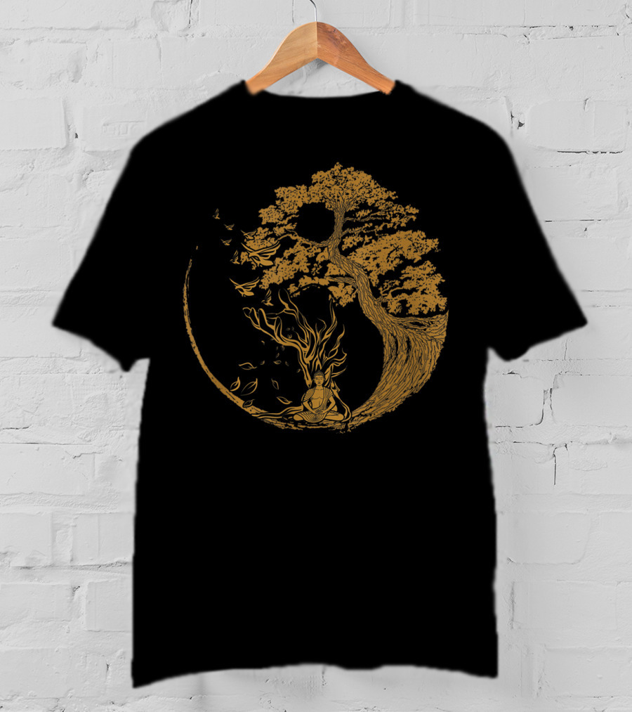 Bonsai Tree And Meditative Buddha Enclosed In Circular T-Shirt
