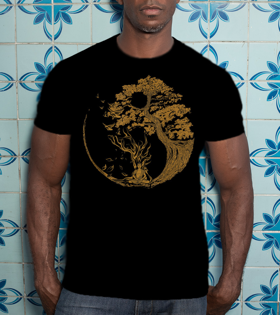 Bonsai Tree And Meditative Buddha Enclosed In Circular T-Shirt