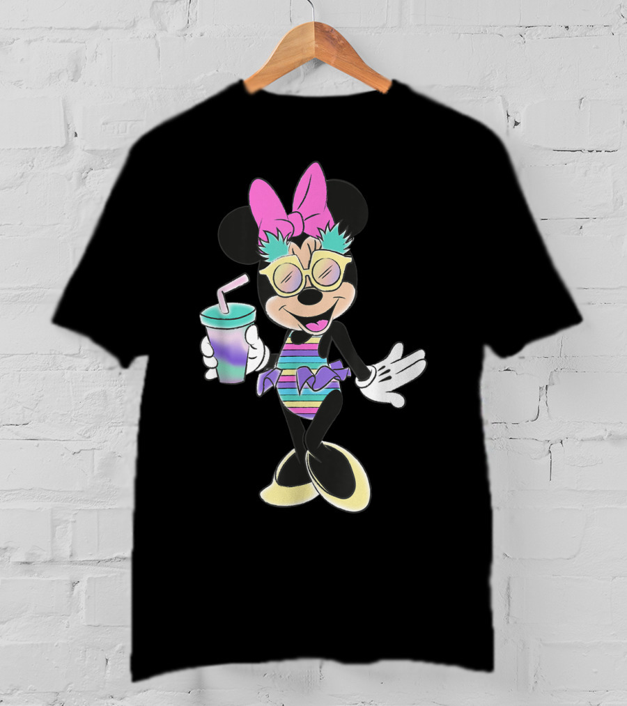 Disney Minnie Mouse Striped Swimsuit With Unicorn Colors And Pineapple Sunglasses T-Shirt