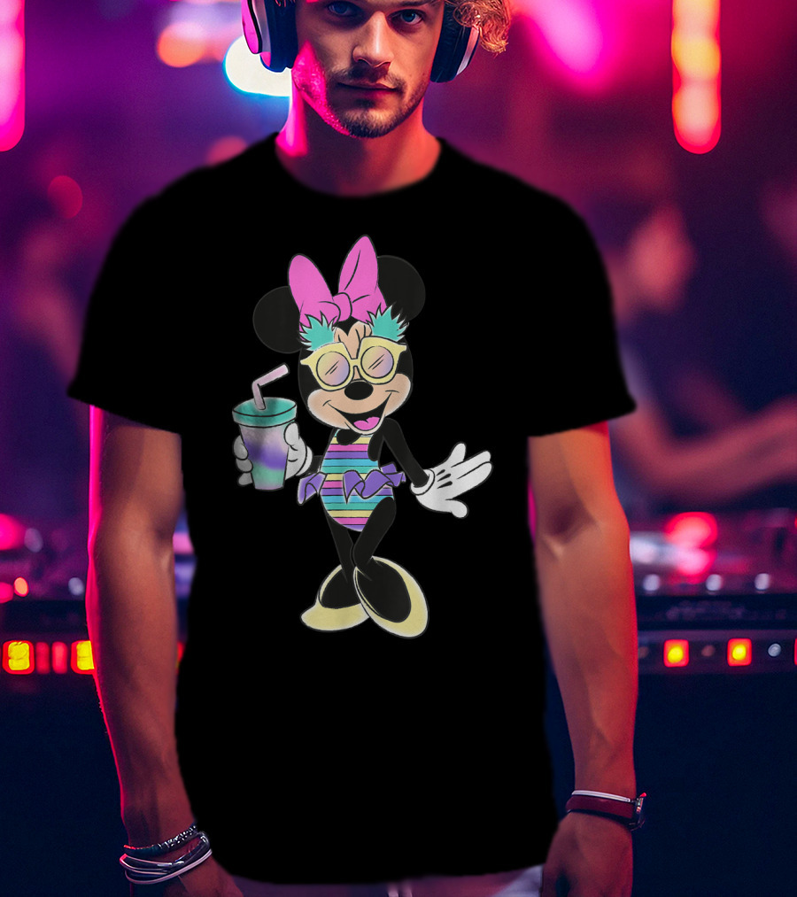 Disney Minnie Mouse Striped Swimsuit With Unicorn Colors And Pineapple Sunglasses T-Shirt