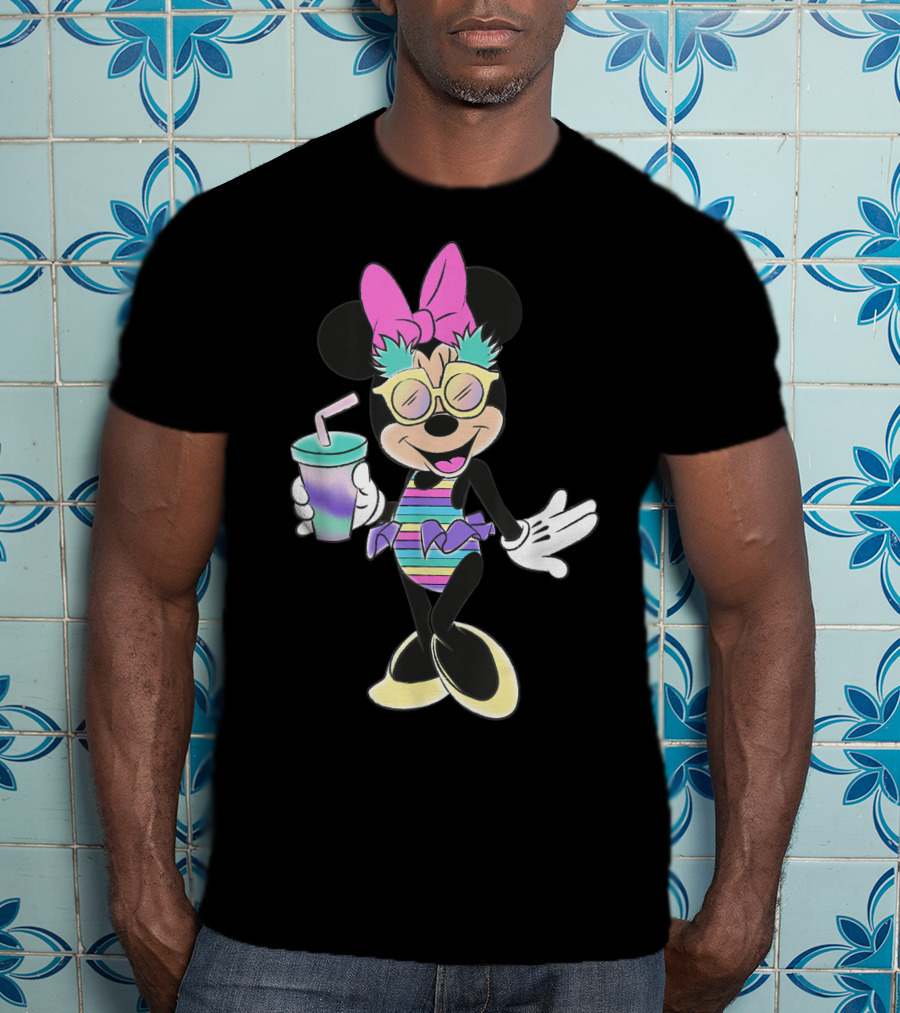 Disney Minnie Mouse Striped Swimsuit With Unicorn Colors And Pineapple Sunglasses T-Shirt