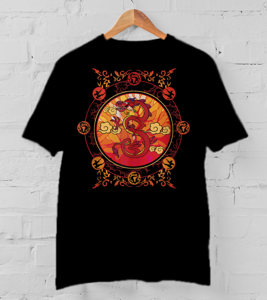 Disney Mulan Mushu Stained Glass Style Circle With Ornate Red And Orange Details T-Shirt