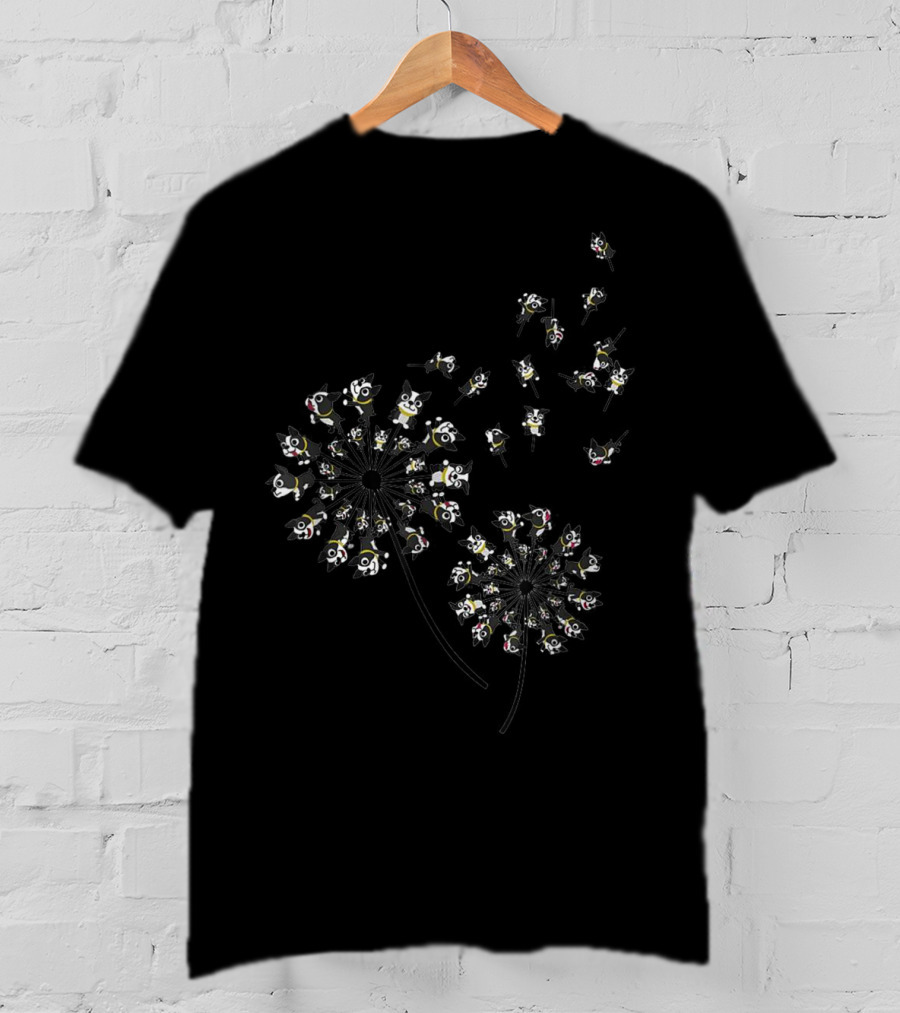 Boston Terrier Dandelion Pattern With Boston Terrier Faces T-Shirt