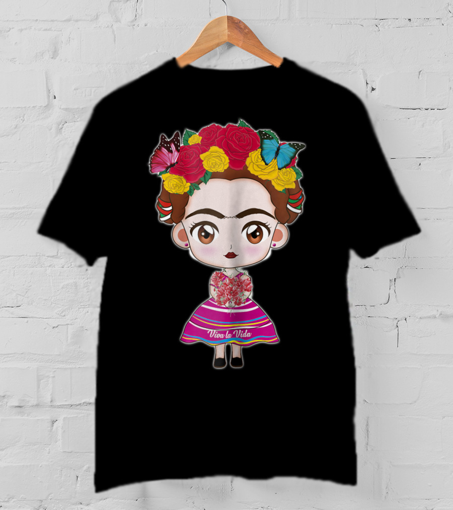 Viva Mexico Viva La Vida Mexican Frida With Flower Crown And Butterflies T-Shirt