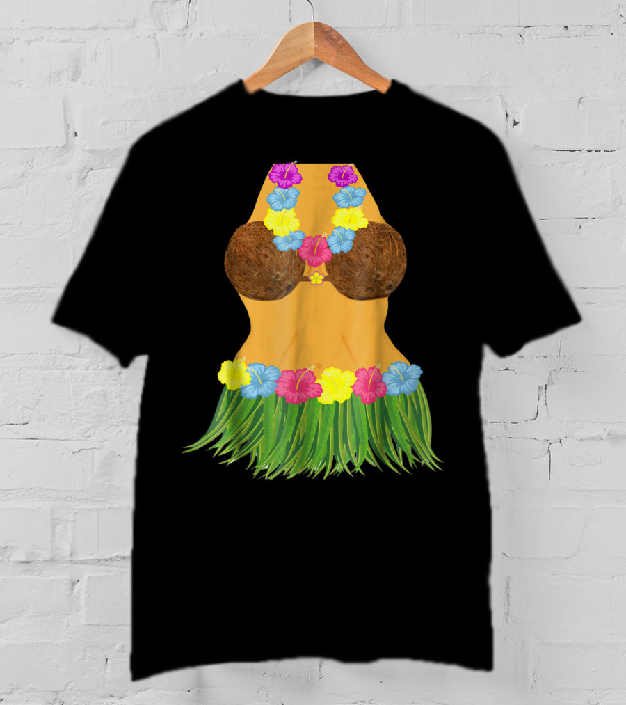 Coconut Bra Grass Skirt Lei Flowers Summer Tropical T-Shirt