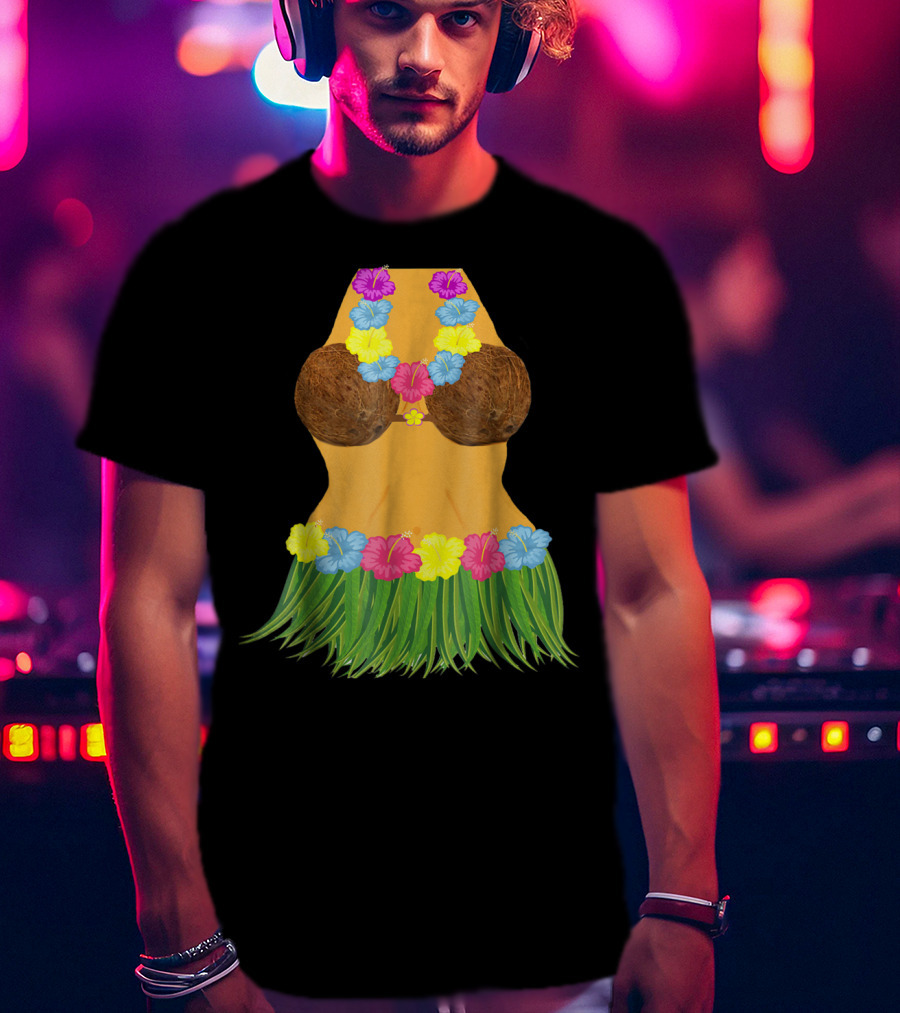 Coconut Bra Grass Skirt Lei Flowers Summer Tropical T-Shirt
