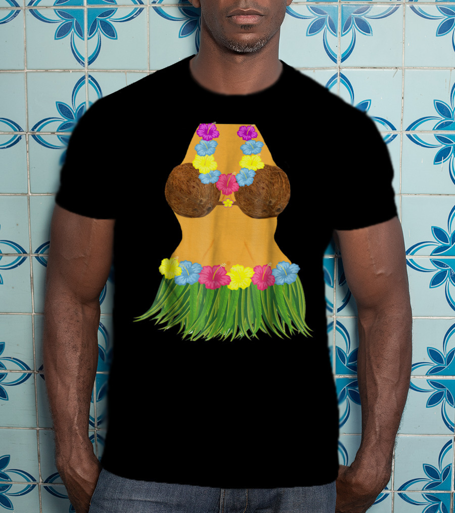 Coconut Bra Grass Skirt Lei Flowers Summer Tropical T-Shirt