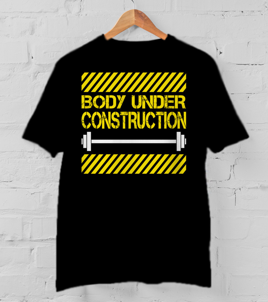 Body Under Construction Yellow Stripes Weightlifting Barbell T-Shirt
