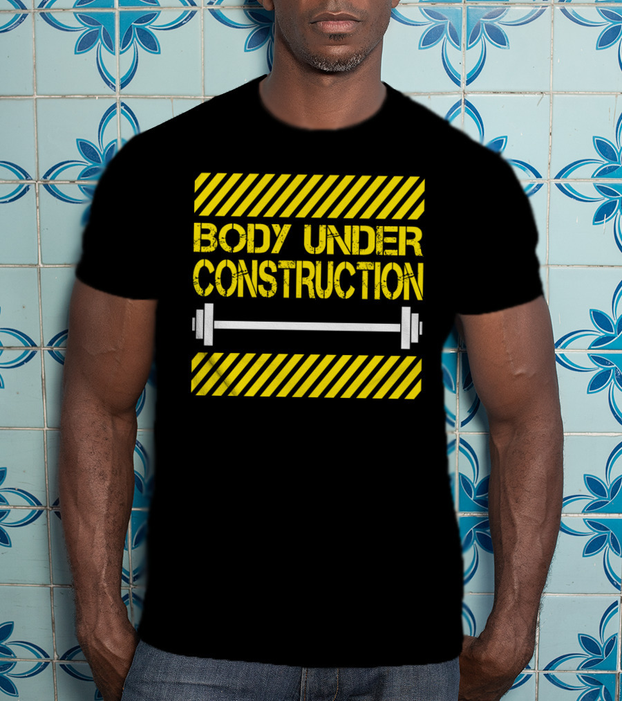 Body Under Construction Yellow Stripes Weightlifting Barbell T-Shirt