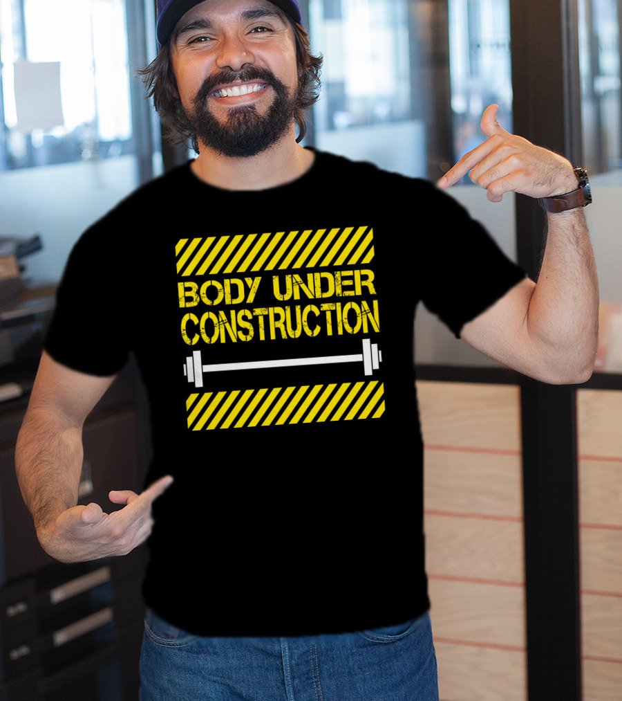 Body Under Construction Yellow Stripes Weightlifting Barbell T-Shirt