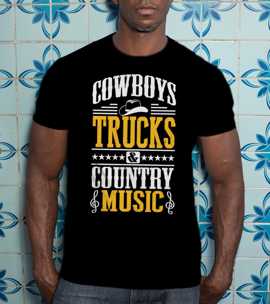 Cowboys Trucks And Country Music With Stars And Musical Notes T-Shirt