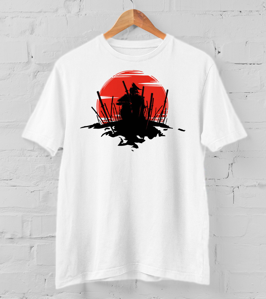The End Of The Battle Samurai Silhouette Against Red Sun Rising T-Shirt