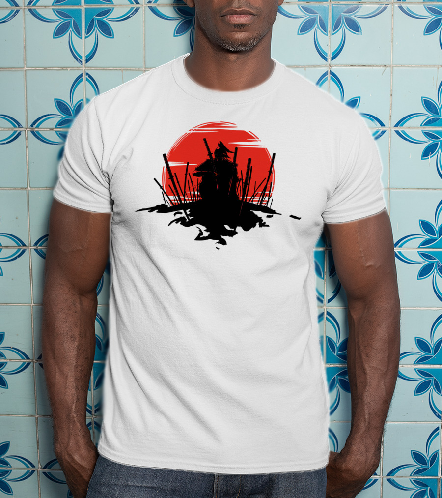 The End Of The Battle Samurai Silhouette Against Red Sun Rising T-Shirt