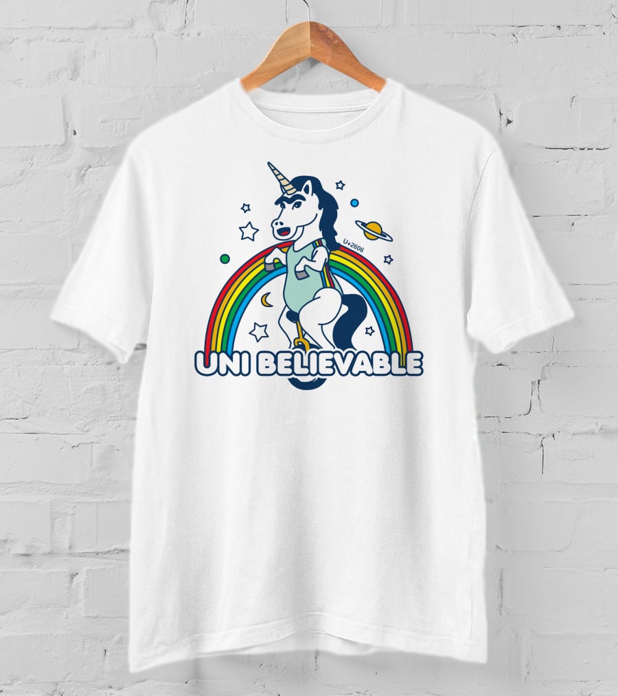 UNI BELIEVABLE Rainbow Unicorn Unicycle Planet Stars U+2605 T-Shirt