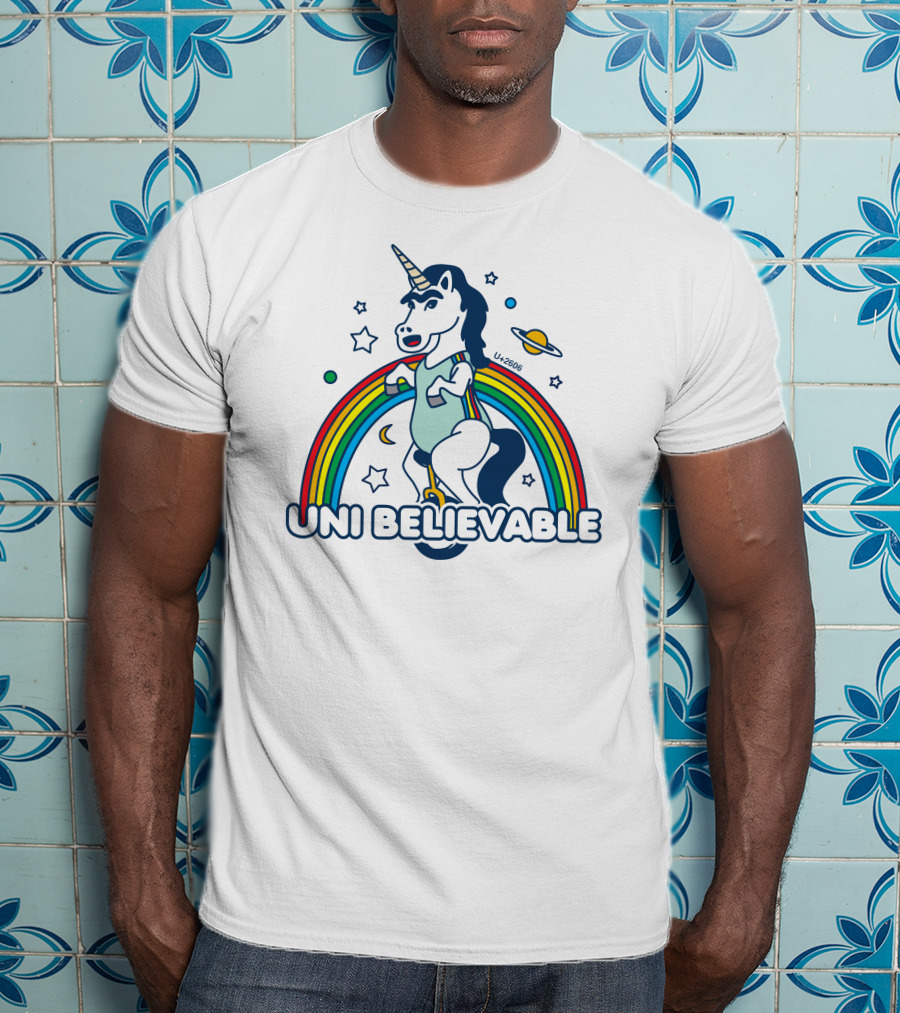 UNI BELIEVABLE Rainbow Unicorn Unicycle Planet Stars U+2605 T-Shirt