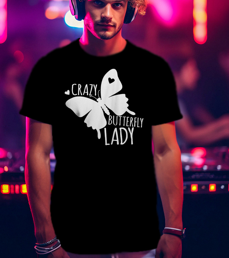 CRAZY BUTTERFLY LADY Heart Motif T-Shirt