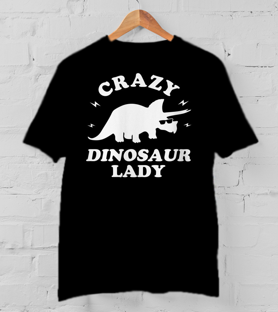 CRAZY DINOSAUR LADY Triceratops With Sunglasses And Lightning Bolts T-Shirt