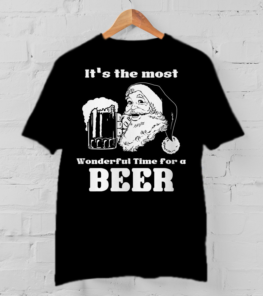 Christmas Santa It's The Most Wonderful Time For A Beer With Santa Hat And Mug Of Beer T-Shirt