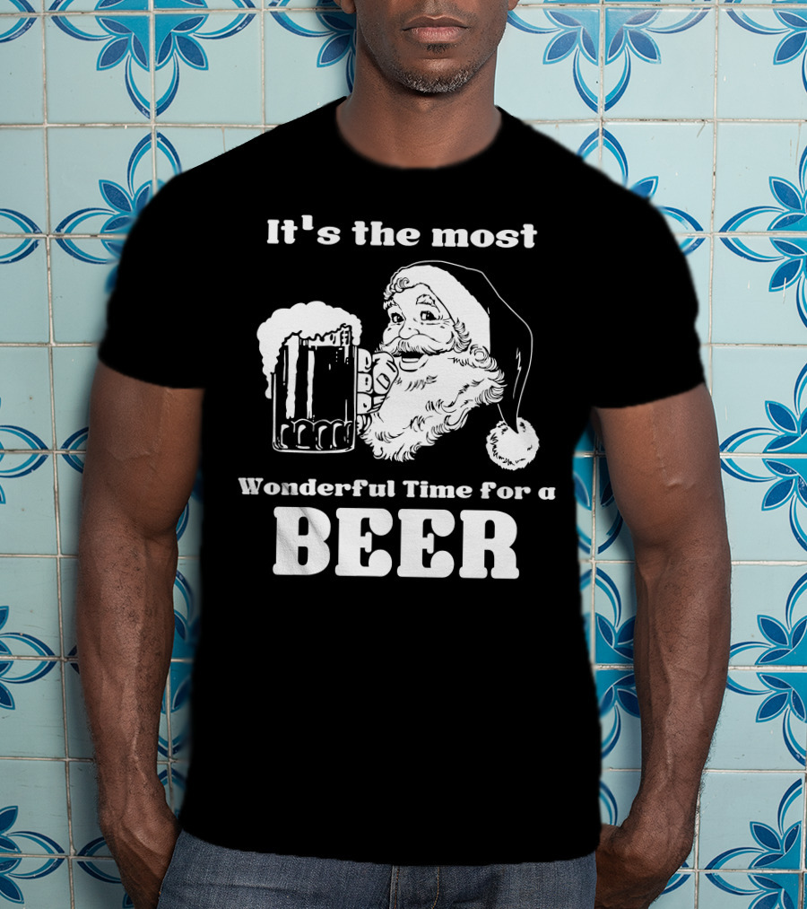 Christmas Santa It's The Most Wonderful Time For A Beer With Santa Hat And Mug Of Beer T-Shirt