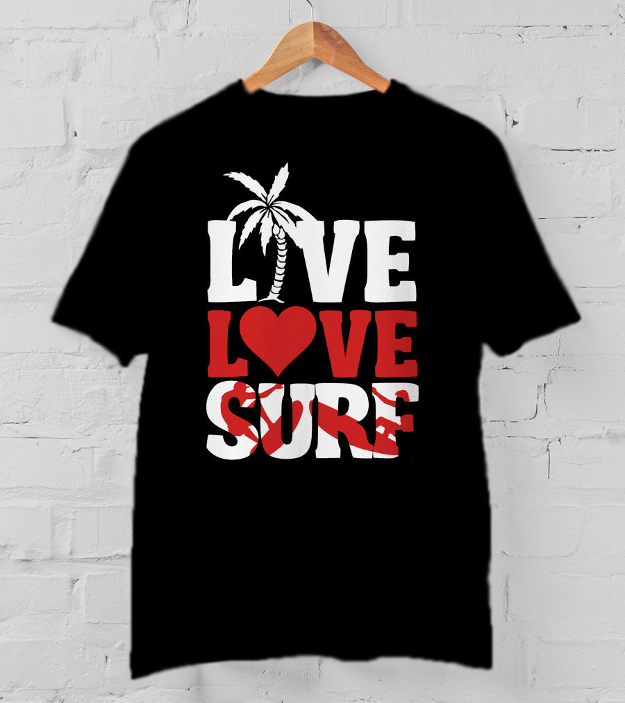 Live Love Surf Palm Tree Heart Ocean Waves T-Shirt