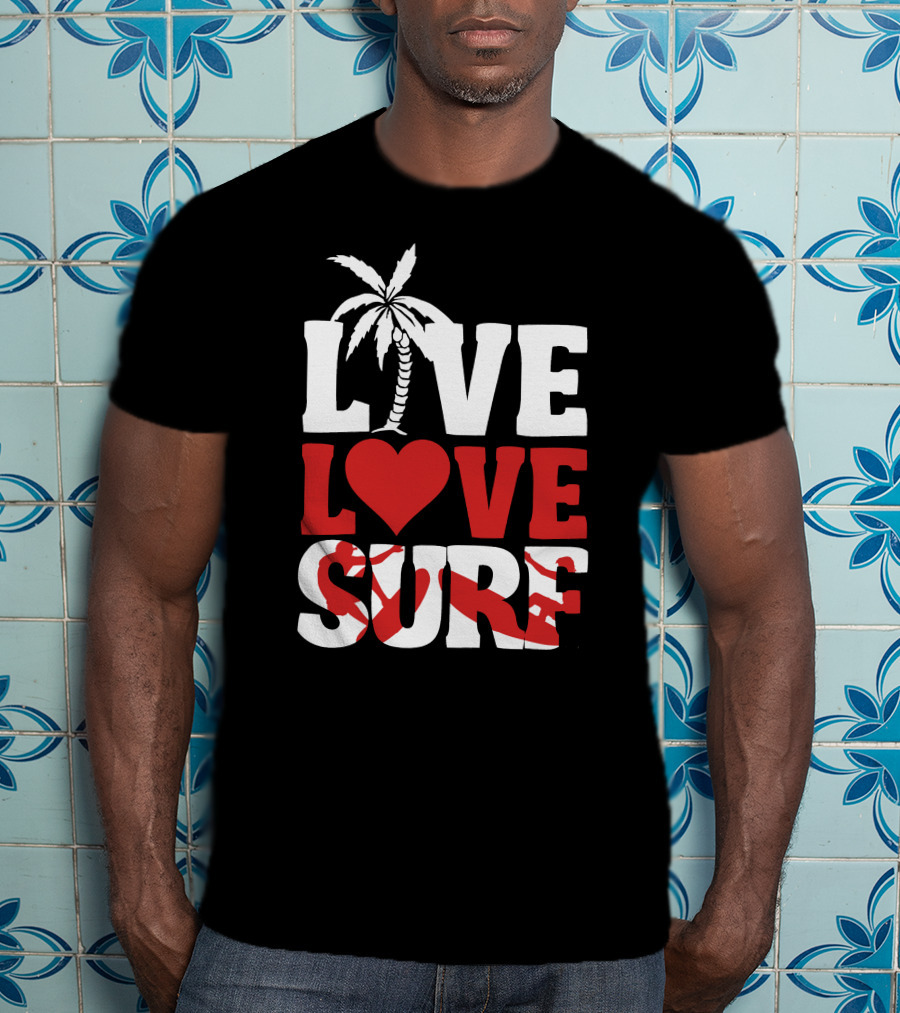 Live Love Surf Palm Tree Heart Ocean Waves T-Shirt