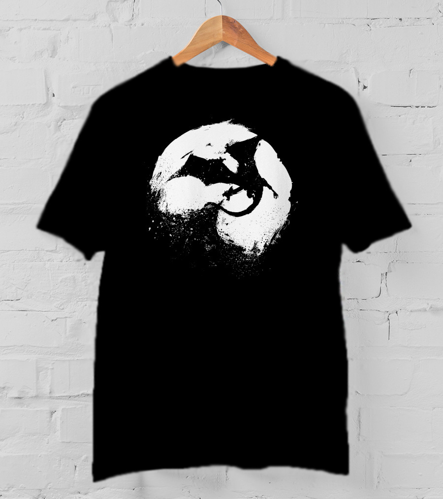 Midnight Desolation Dragon Silhouette In Full Moon T-Shirt