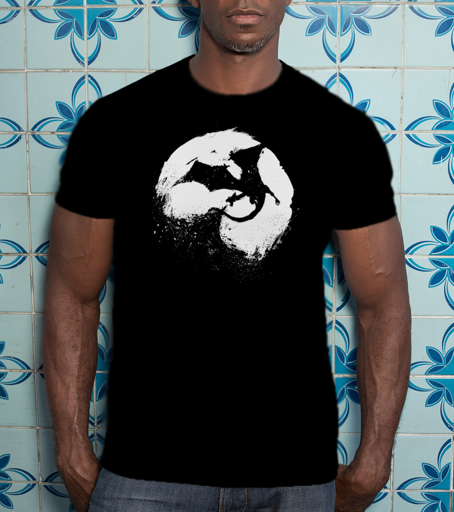 Midnight Desolation Dragon Silhouette In Full Moon T-Shirt