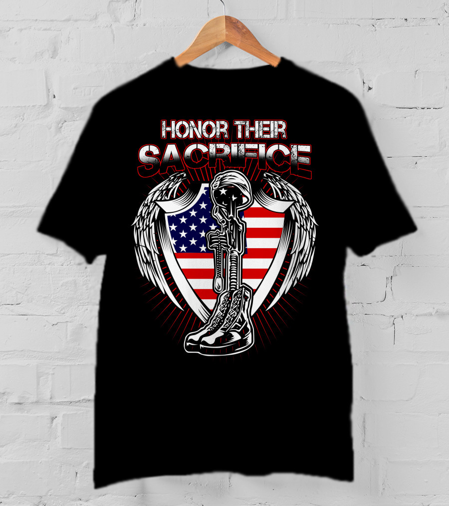 HONOR THEIR SACRIFICE American Flag Winged Soldier Memorial Helmet And Boots T-Shirt