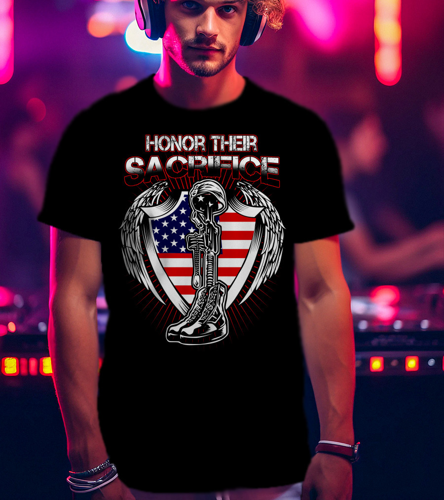 HONOR THEIR SACRIFICE American Flag Winged Soldier Memorial Helmet And Boots T-Shirt