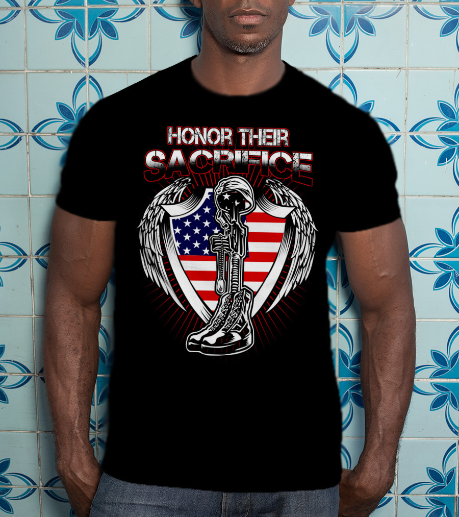 HONOR THEIR SACRIFICE American Flag Winged Soldier Memorial Helmet And Boots T-Shirt