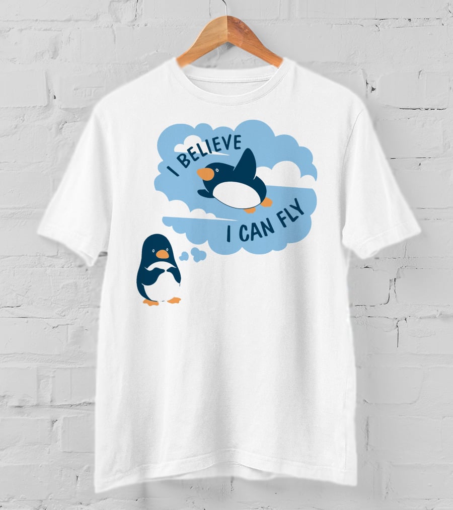I Believe I Can Fly Penguin Dreaming Clouds T-Shirt