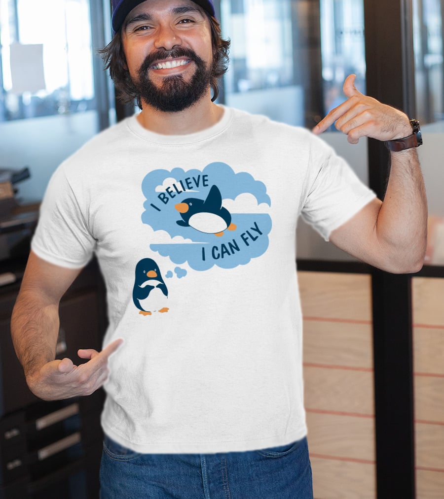 I Believe I Can Fly Penguin Dreaming Clouds T-Shirt