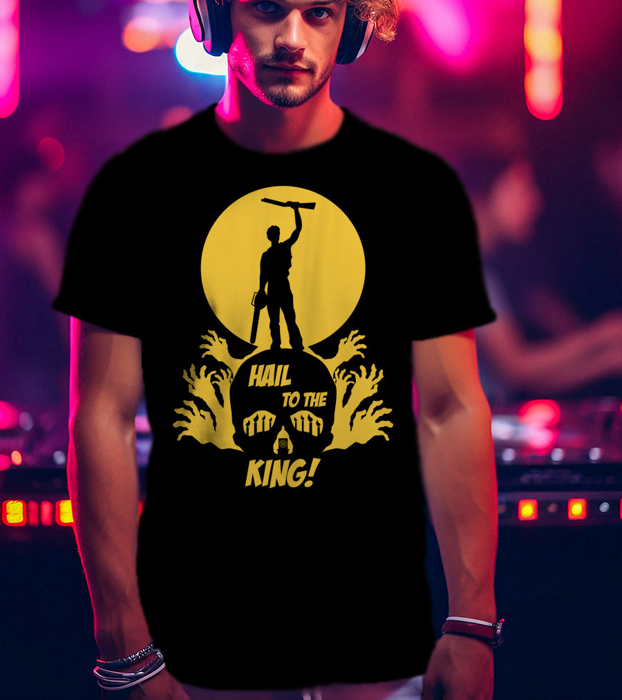 Hail To The King Skeleton Moon Chainsaw Hero With Zombie Hands T-Shirt