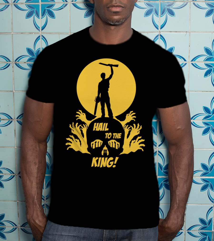 Hail To The King Skeleton Moon Chainsaw Hero With Zombie Hands T-Shirt