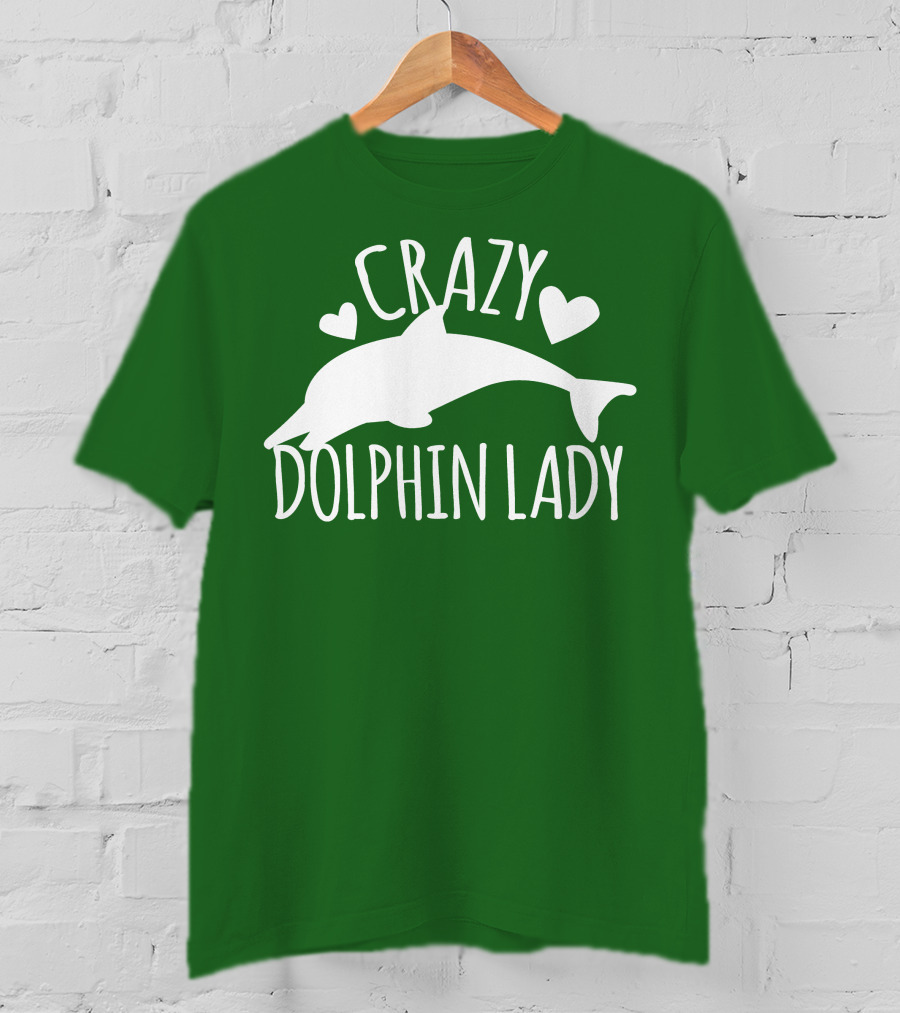 CRAZY DOLPHIN LADY Hearts And Dolphin Silhouette On Green T-Shirt