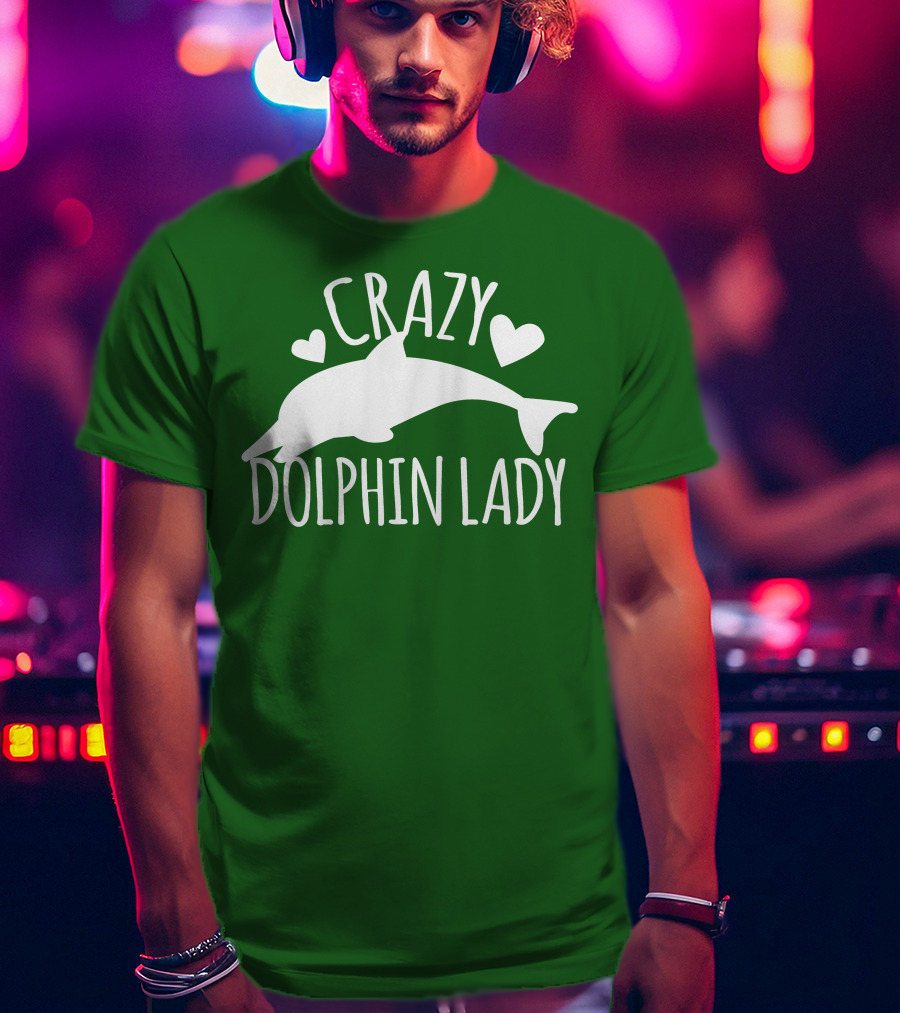 CRAZY DOLPHIN LADY Hearts And Dolphin Silhouette On Green T-Shirt