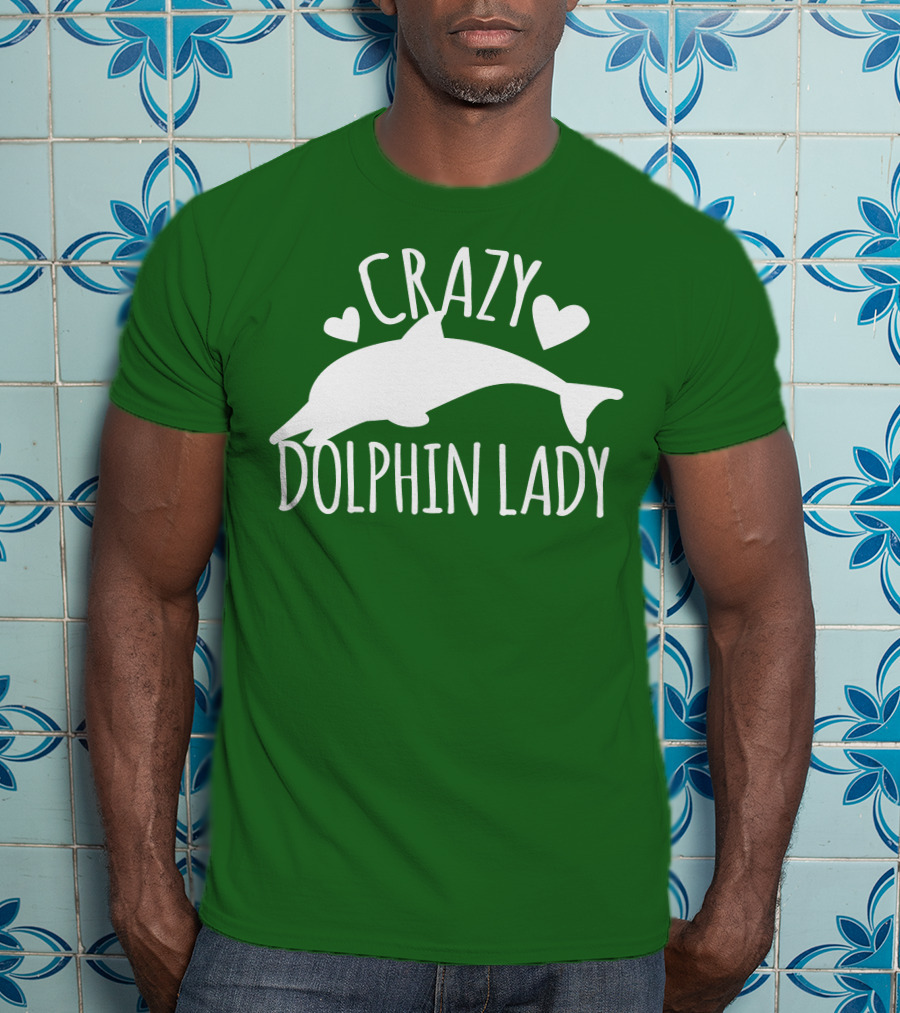 CRAZY DOLPHIN LADY Hearts And Dolphin Silhouette On Green T-Shirt