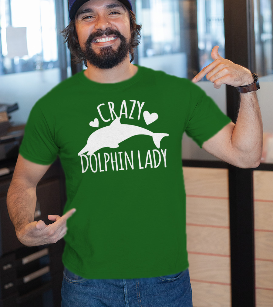 CRAZY DOLPHIN LADY Hearts And Dolphin Silhouette On Green T-Shirt