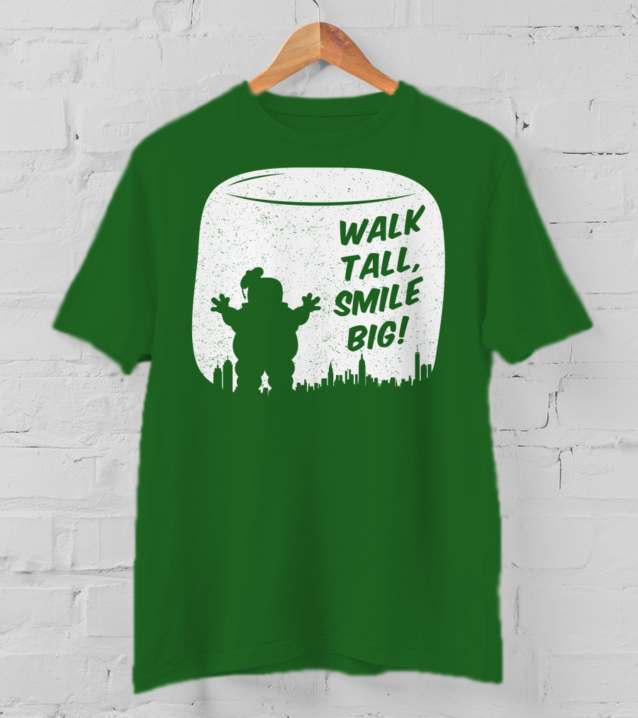 WALK TALL SMILE BIG Stay Puft Marshmallow Man City Skyline T-Shirt