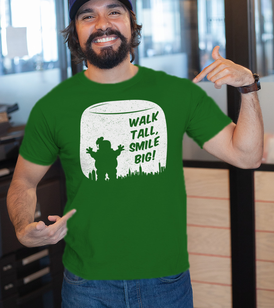 WALK TALL SMILE BIG Stay Puft Marshmallow Man City Skyline T-Shirt