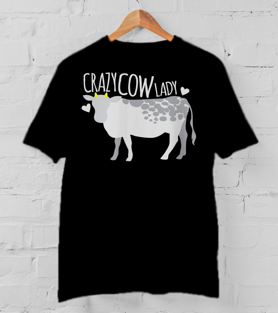 CRAZY COW LADY Hearts And Cartoon Cow T-Shirt