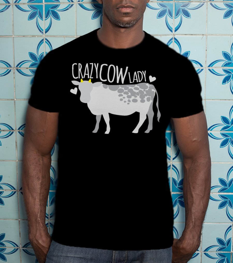 CRAZY COW LADY Hearts And Cartoon Cow T-Shirt