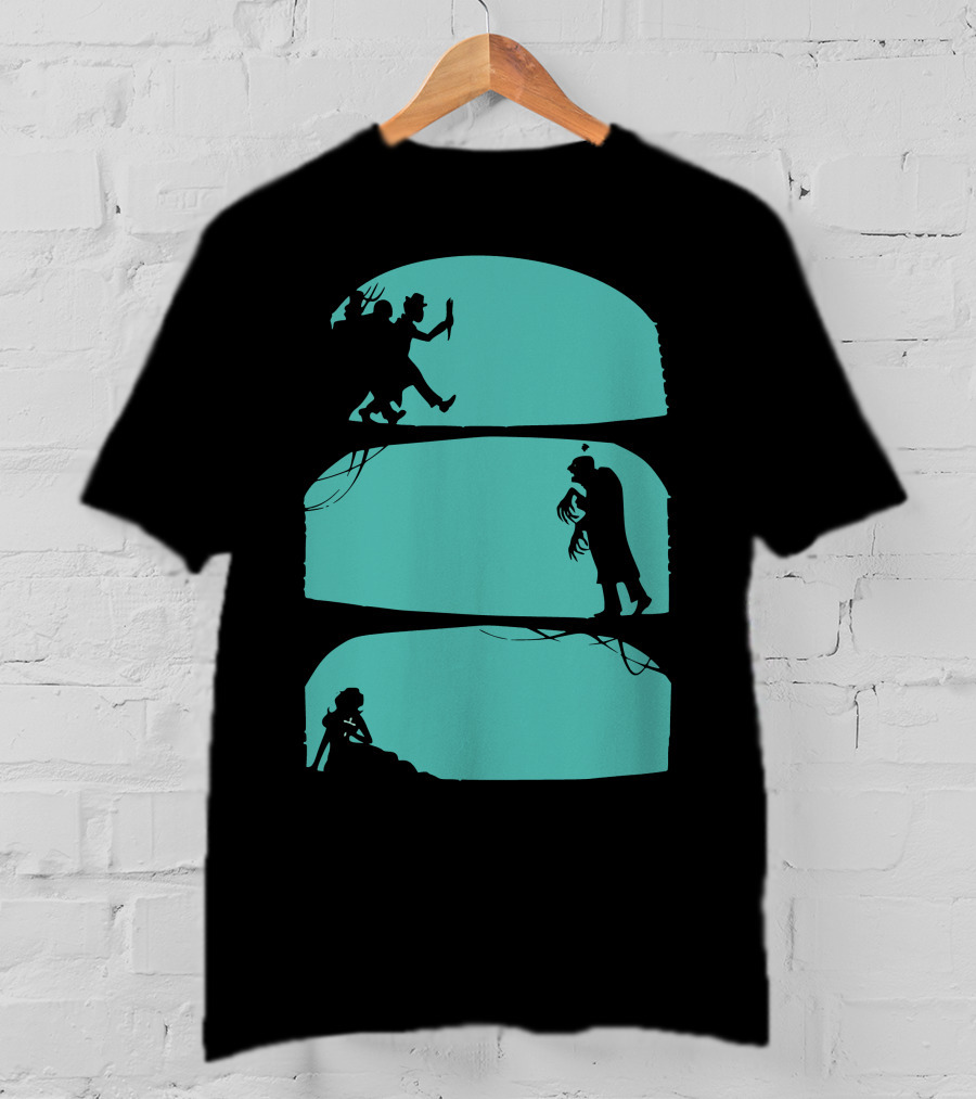 Hunt The Zombie Silhouette Chase With Weapon, Creeping Figure, And Hiding Woman T-Shirt