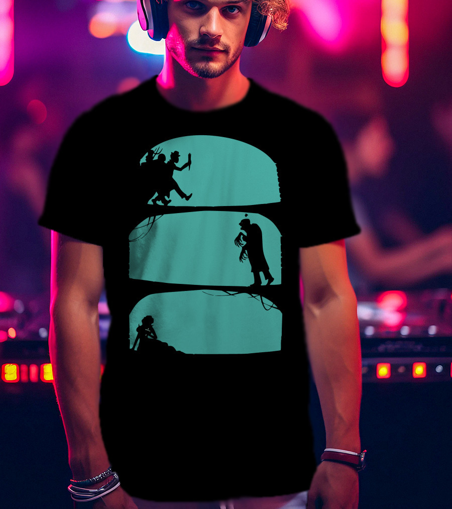 Hunt The Zombie Silhouette Chase With Weapon, Creeping Figure, And Hiding Woman T-Shirt